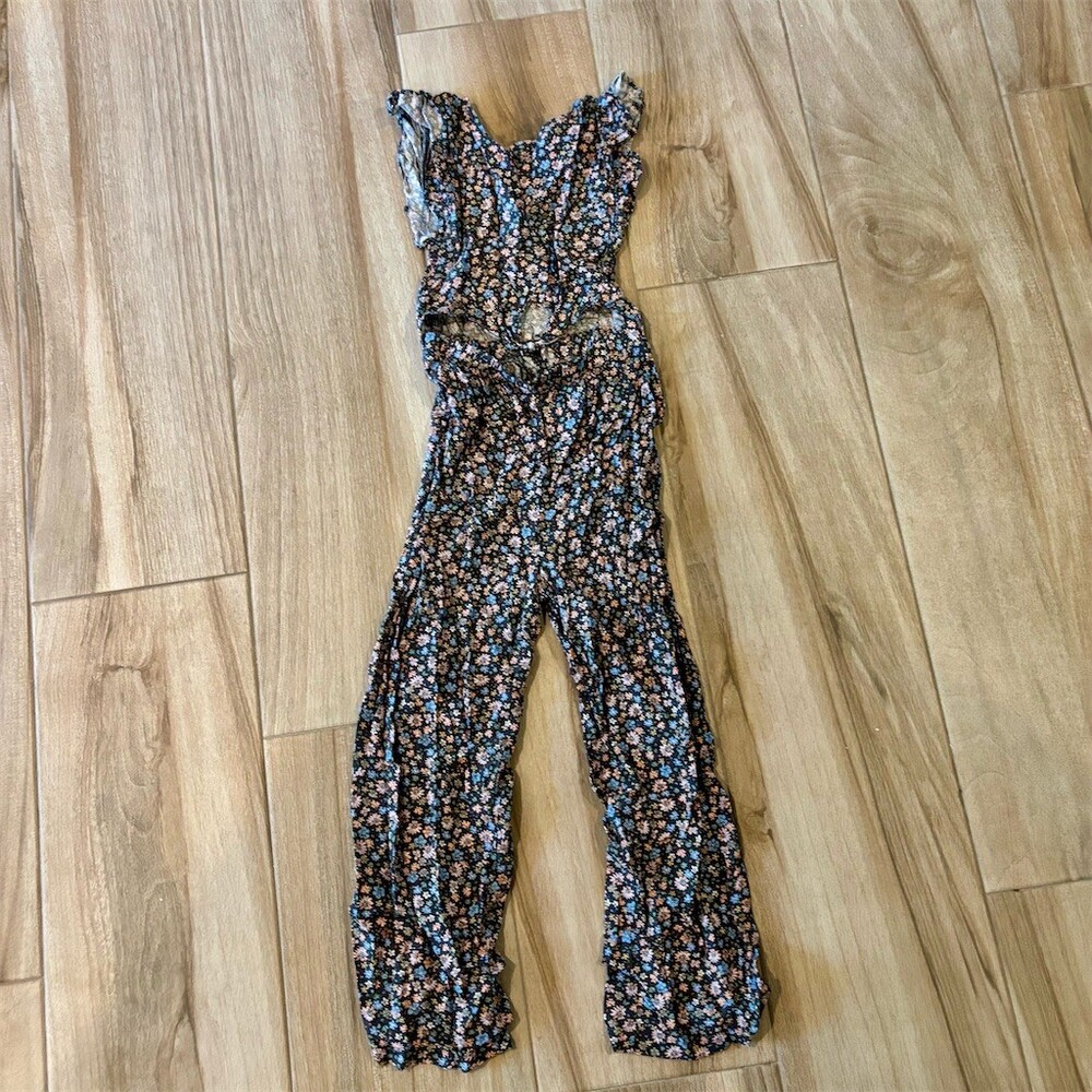 H&M Girls Jumpsuit Romper Size 10 Navy Blue Floral Ruffle Tie Waist